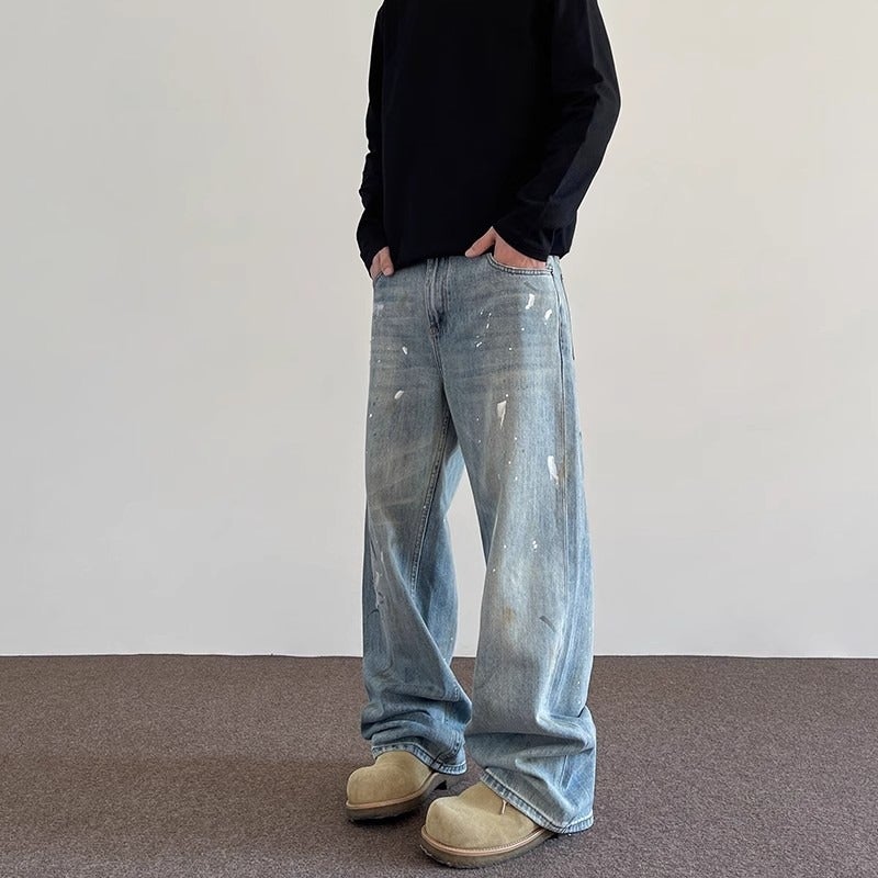 American Retro High Street Vibe Distressed Splatter Jeans Trendy Loose Straight Casual Versatile Designer Pants - Image 3